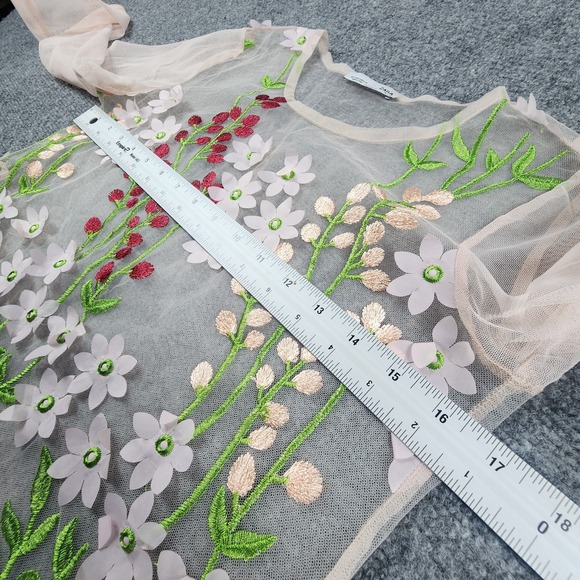 Zara Floral Applique Mesh Top S Sheer 3D Flowers Embroidered Boho Festival Fairy - Picture 11 of 15